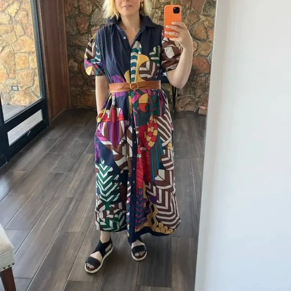 Carolina K Retro Mod Muumuu Midi Dress XS Artsy Kaftan Vacation Designer $425 - Picture 6 of 13